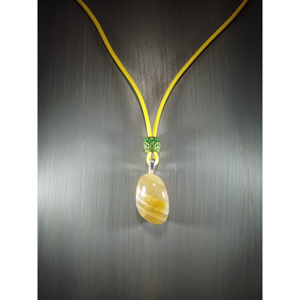 Banded Agate Stone Pendant Necklace Yellow Waxed Cord 18 Inch Break Away Closure